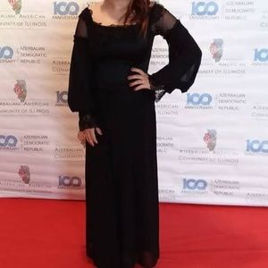 Off Shoulder Black Satin Top with Lace and Floral Sleeve